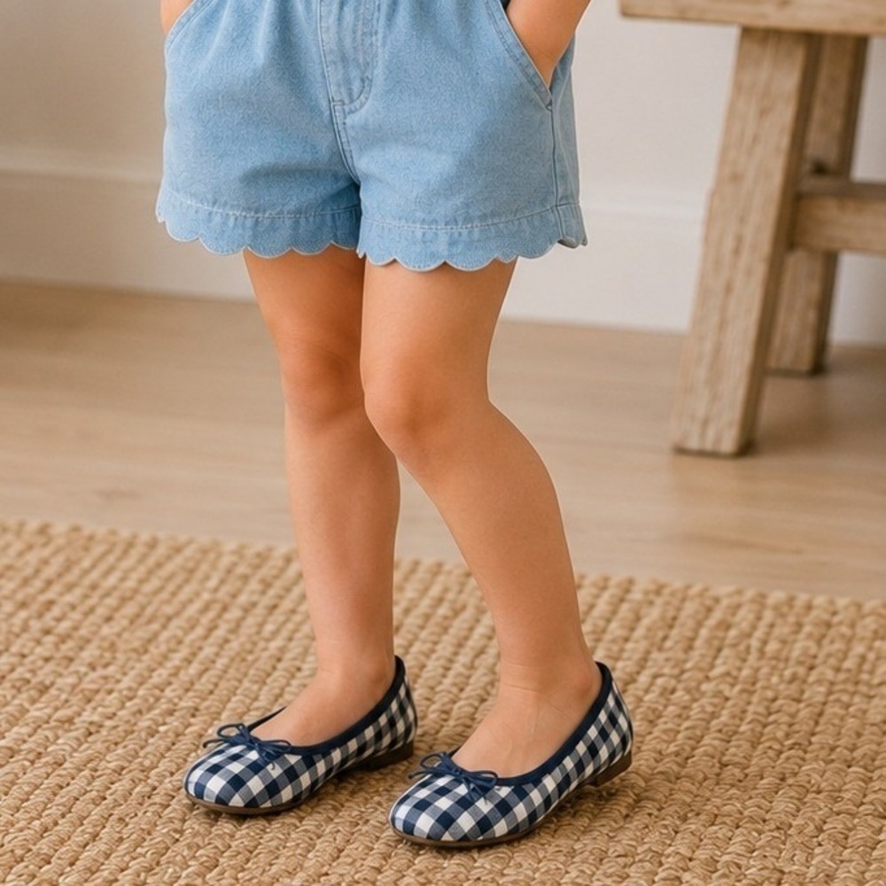 J.Crew Crewcuts Gingham Ballet Flats Bow Plaid Classic Navy White BN824 11 EUC